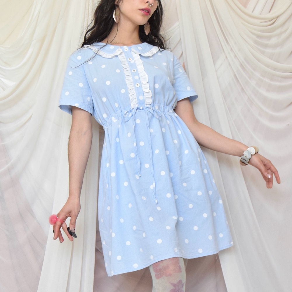 Pastel Blue Polka Dot Collar Dress with floral embroidered buttons